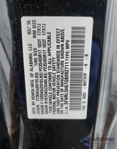 2016 Honda Odyssey Exl from USA, damaged, VIN 5FNRL5H67GB092711